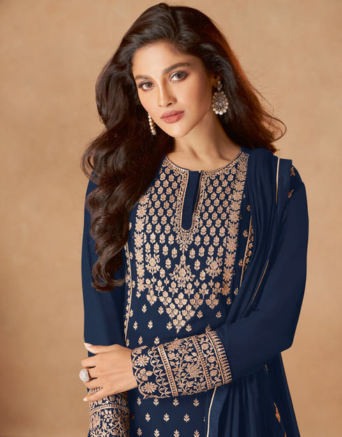 Royal Blue Palazzo style Dress Real Georgette Salwar Kameez in Sequins Embroidery & Lace Work Closure View