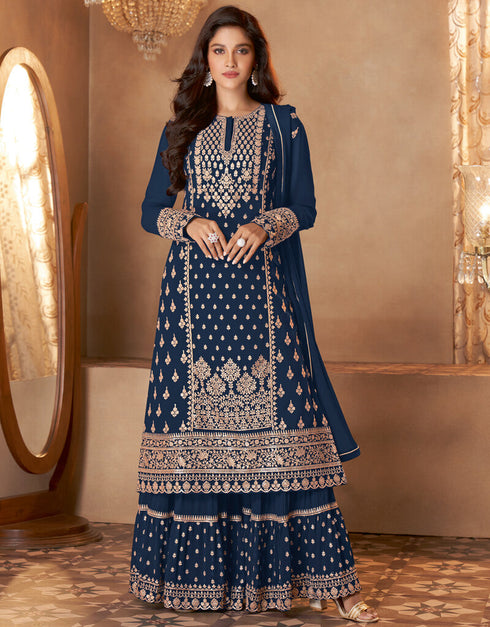Royal Blue Palazzo style Dress Real Georgette Salwar Kameez in Sequins Embroidery & Lace Work