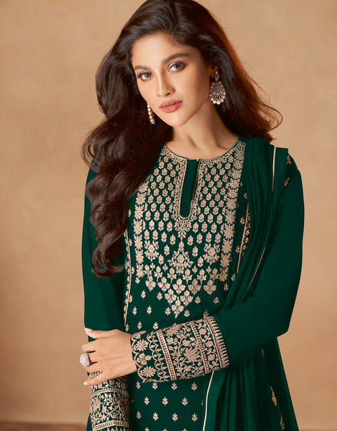 Green Palazzo style Dress Real Georgette Salwar Kameez in Sequins Embroidery & Lace Work Closure View
