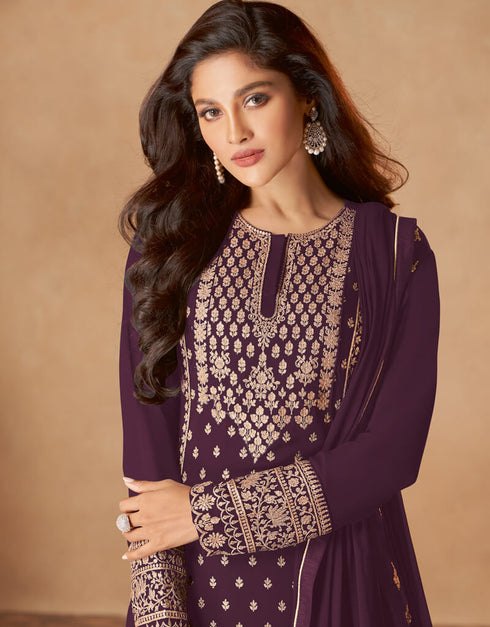 Purple Palazzo style Dress Real Georgette Salwar Kameez in Sequins Embroidery & Lace Work Closure View