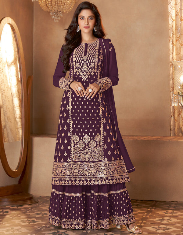 Purple Palazzo style Dress Real Georgette Salwar Kameez in Sequins Embroidery & Lace Work