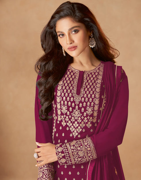 Magenta Palazzo style Dress Real Georgette Salwar Kameez in Sequins Embroidery & Lace Work Closure View