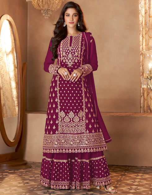 Magenta Palazzo style Dress Real Georgette Salwar Kameez in Sequins Embroidery & Lace Work