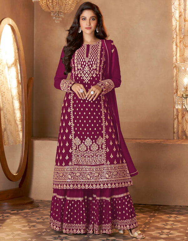 Magenta Palazzo style Dress Real Georgette Salwar Kameez in Sequins Embroidery & Lace Work