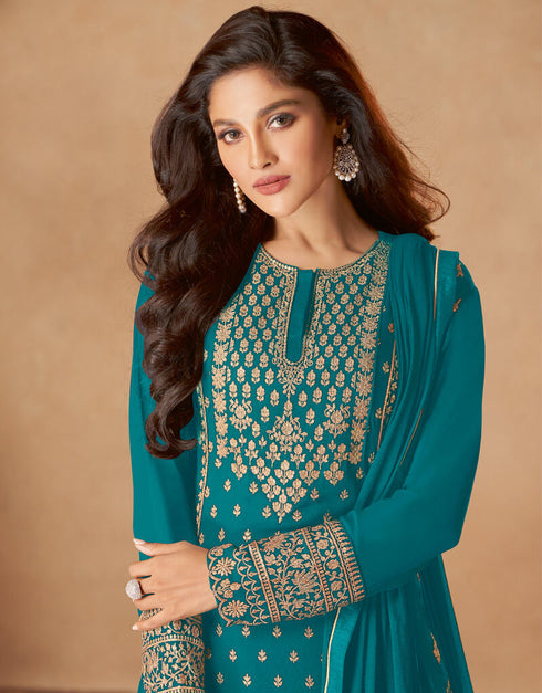 Sky Blue Palazzo style Dress Real Georgette Salwar Kameez in Sequins Embroidery & Lace Work Closure View