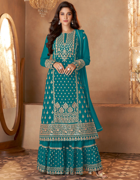 Sky Blue Palazzo style Dress Real Georgette Salwar Kameez in Sequins Embroidery & Lace Work