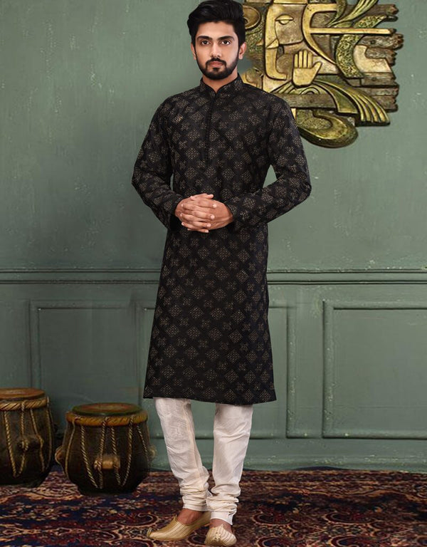 Black Kurta Dupion Silk Churidar