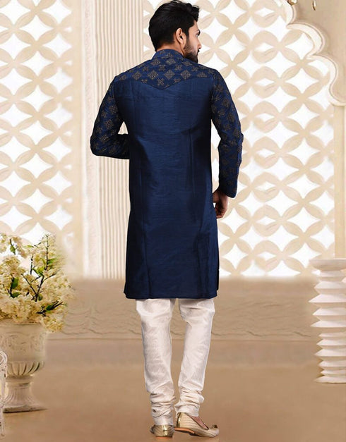Navy Blue Kurta Dupion Silk Churidar Closure View