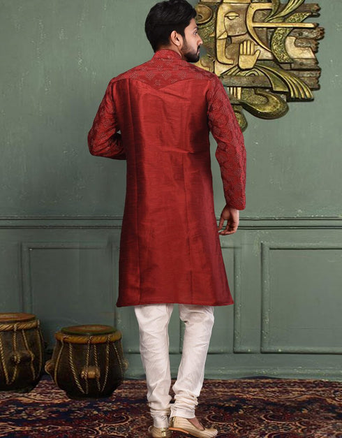 Red Kurta Dupion Silk Churidar Closure View
