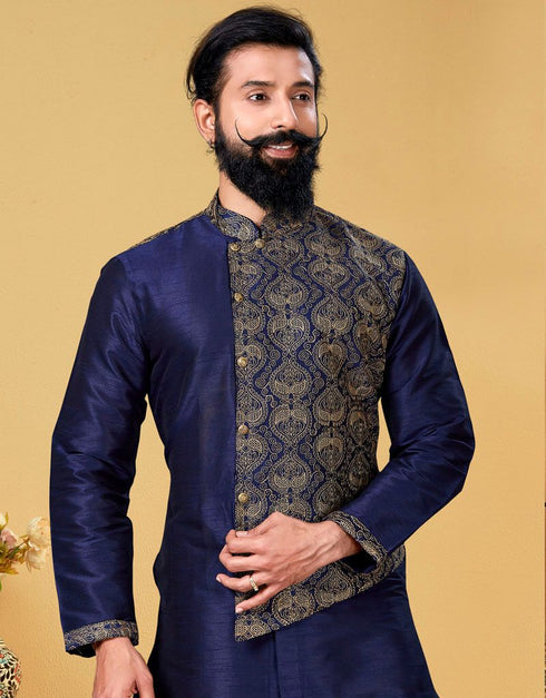 Navy Blue Kurta Dhupion Embroidered Silk Churidar Closure View