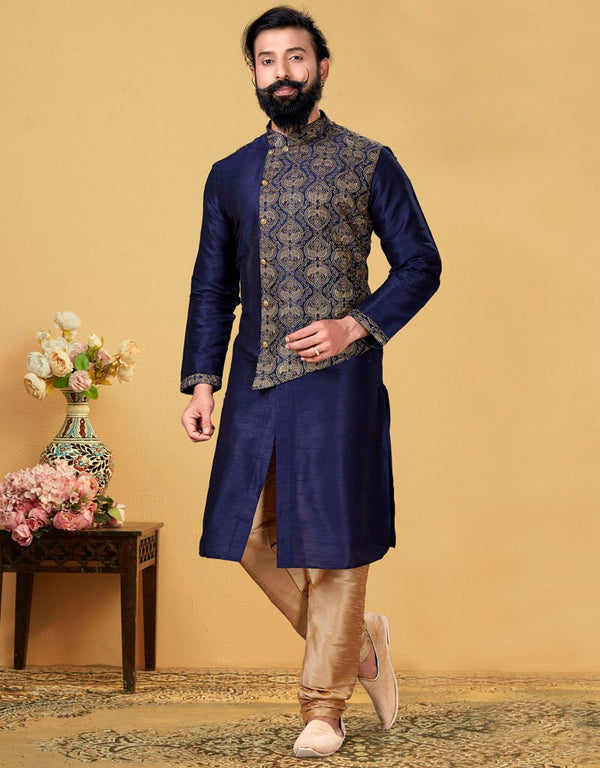Navy Blue Kurta Dhupion Embroidered Silk Churidar