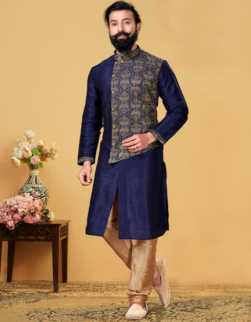 Navy Blue Kurta Dhupion Embroidered Silk Chudidaar