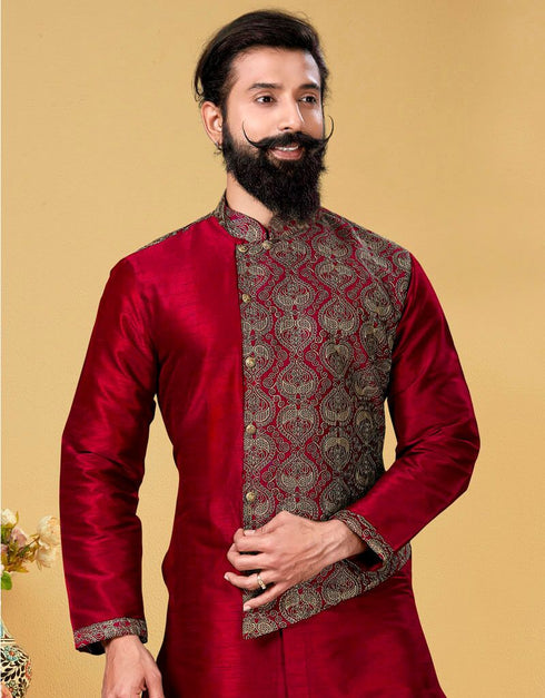 Red Kurta Dhupion Embroidered Silk Churidar Closure View