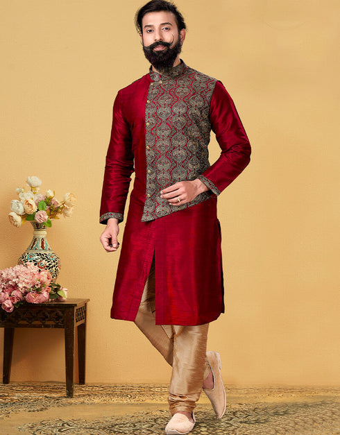 Red Kurta Dhupion Embroidered Silk Chudidaar