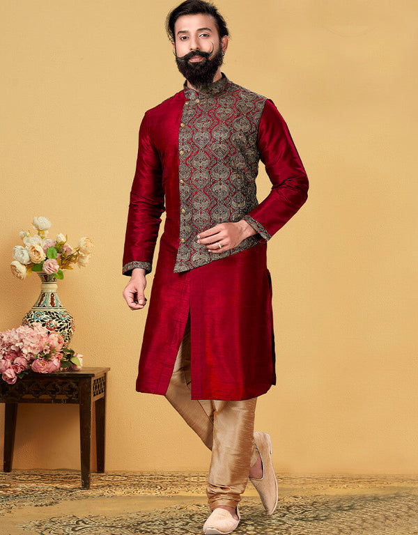 Red Kurta Dhupion Embroidered Silk Chudidaar