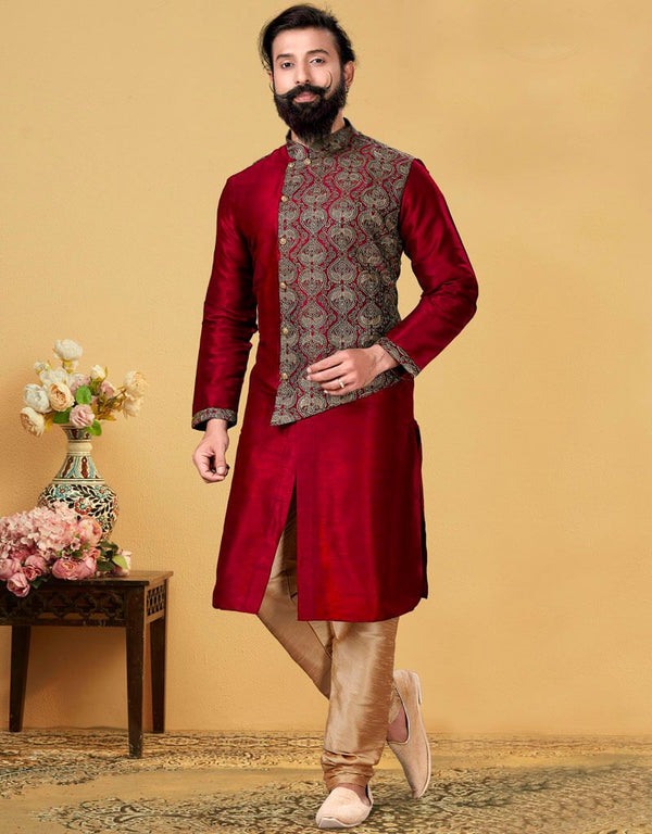 Red Kurta Dhupion Embroidered Silk Churidar