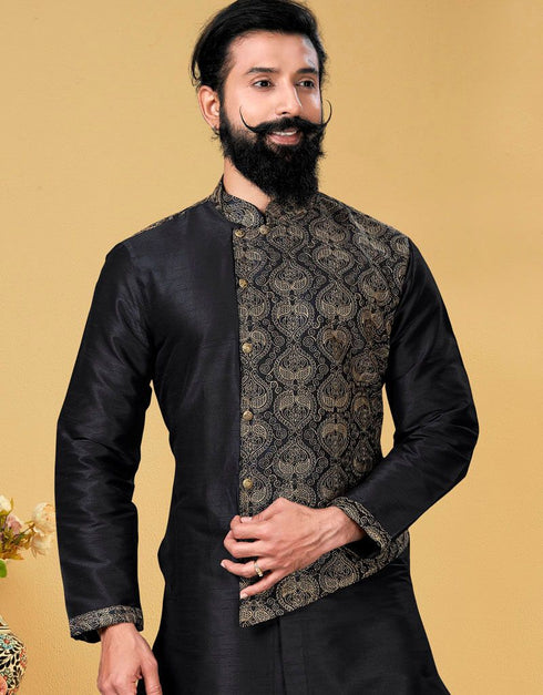 Black Kurta Dhupion Embroidered Silk Churidar Closure View