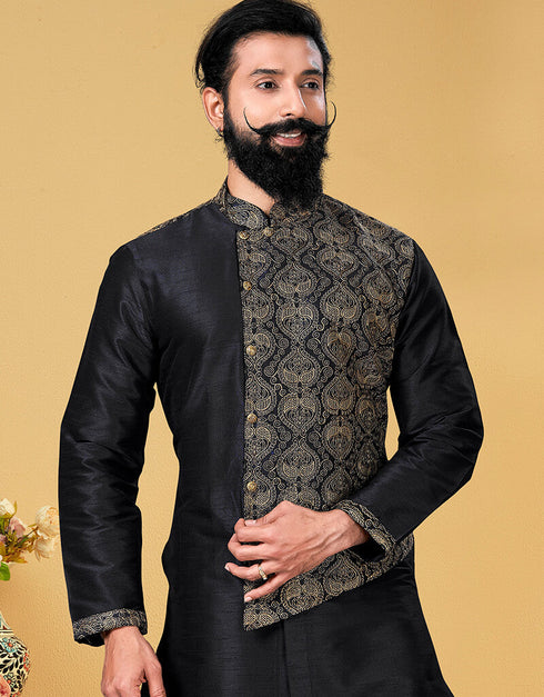 Black Kurta Dhupion Embroidered Silk Chudidaar Closure View