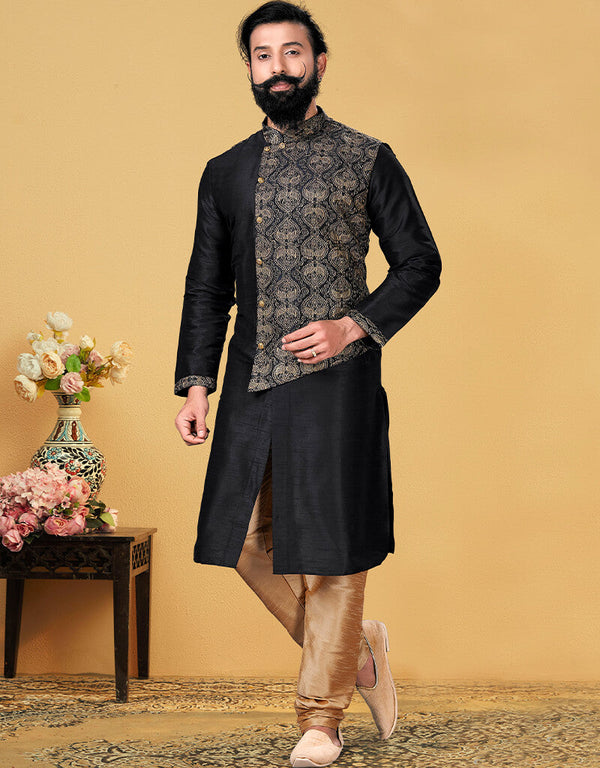 Black Kurta Dhupion Embroidered Silk Chudidaar