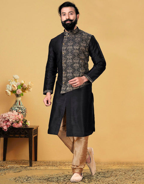 Black Kurta Dhupion Embroidered Silk Churidar