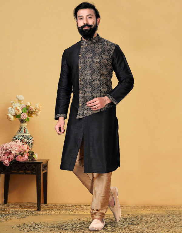 Black Kurta Dhupion Embroidered Silk Churidar