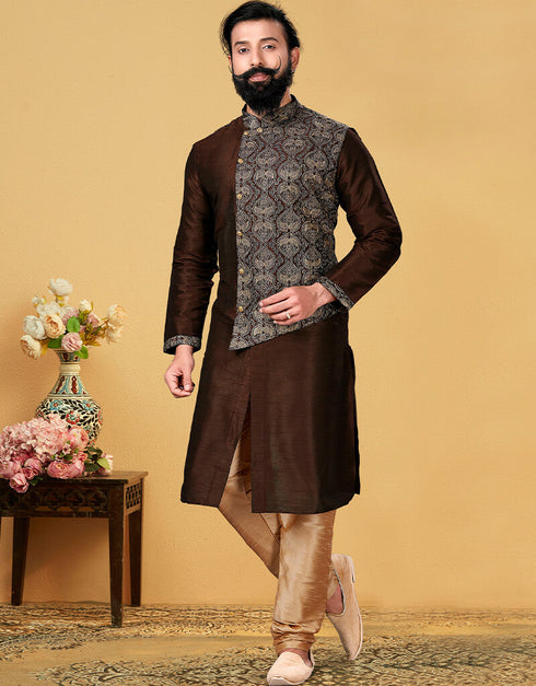 Coffee Kurta Dhupion Embroidered Silk Chudidaar