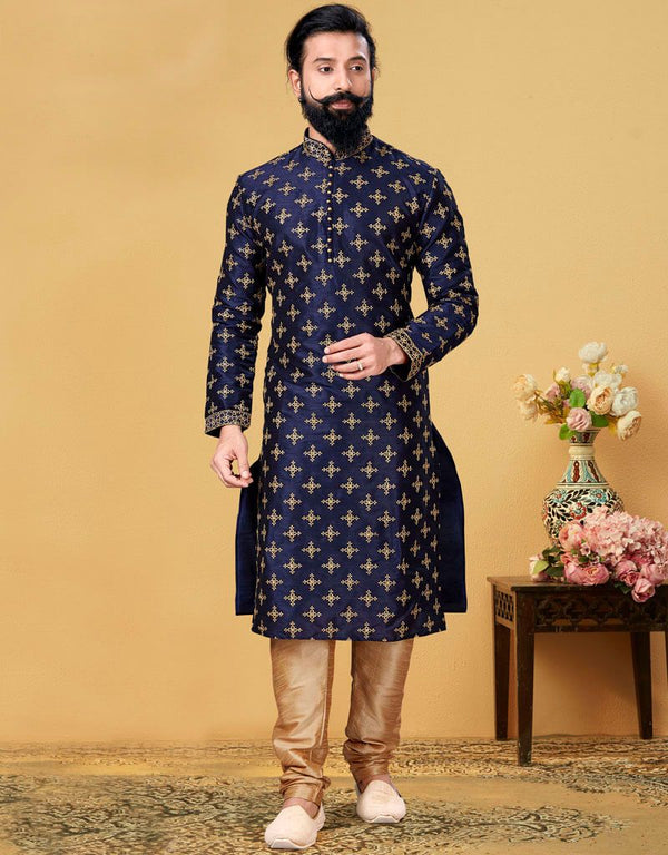 Navy Blue Kurta Dhupion Embroidered Silk Churidar