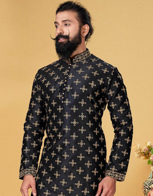 Black Kurta Dhupion Embroidered Silk Churidar