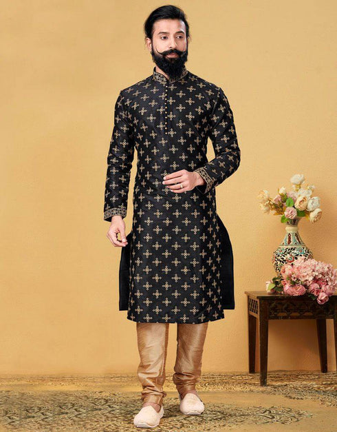 Black Kurta Dhupion Embroidered Silk Churidar