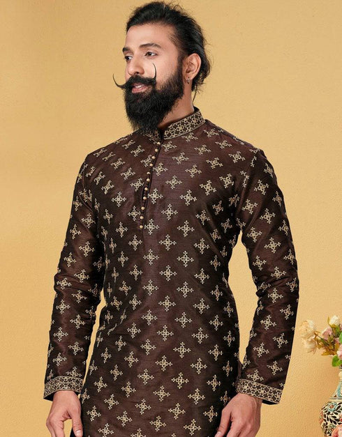 Coffee Kurta Dhupion Embroidered Silk Churidar