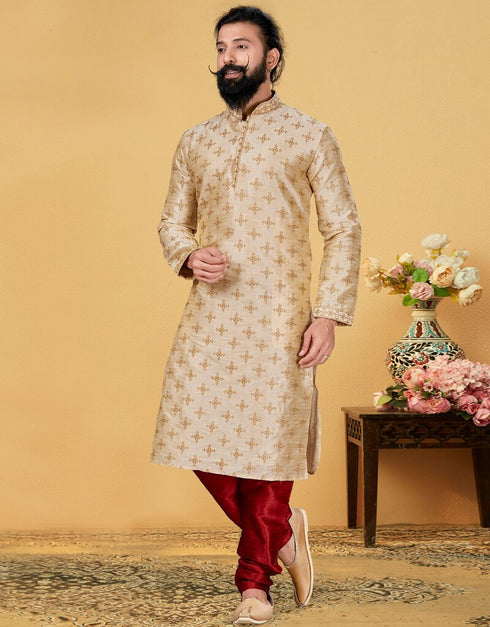 Cream Kurta Dhupion Embroidered Silk Churidar Closure View