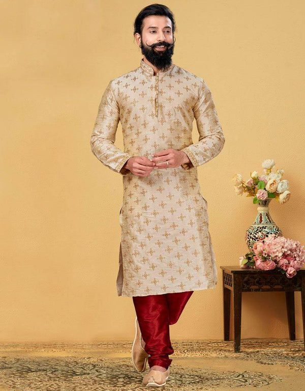 Cream Kurta Dhupion Embroidered Silk Churidar