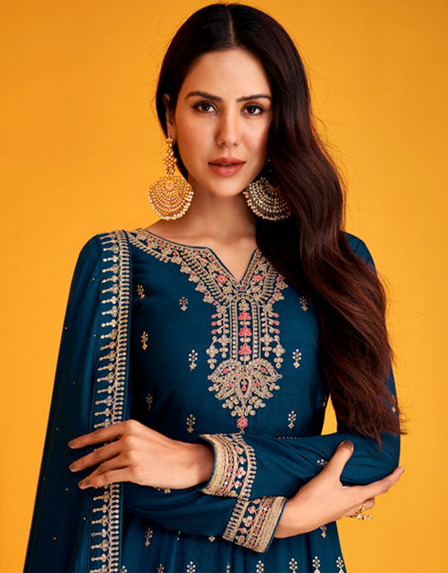 Prussian Blue Pant style Anarkali Semi-Stitched Designer Salwar Kameez Salwar Kameez in Heavy Sequins Embroidery & Lace Work Closure View