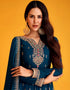 Prussian Blue Pant style Anarkali Semi-Stitched Designer Salwar Kameez Salwar Kameez in Heavy Sequins Embroidery & Lace Work Closure View