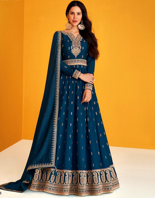 Prussian Blue Pant style Anarkali Semi-Stitched Designer Salwar Kameez Salwar Kameez in Heavy Sequins Embroidery & Lace Work