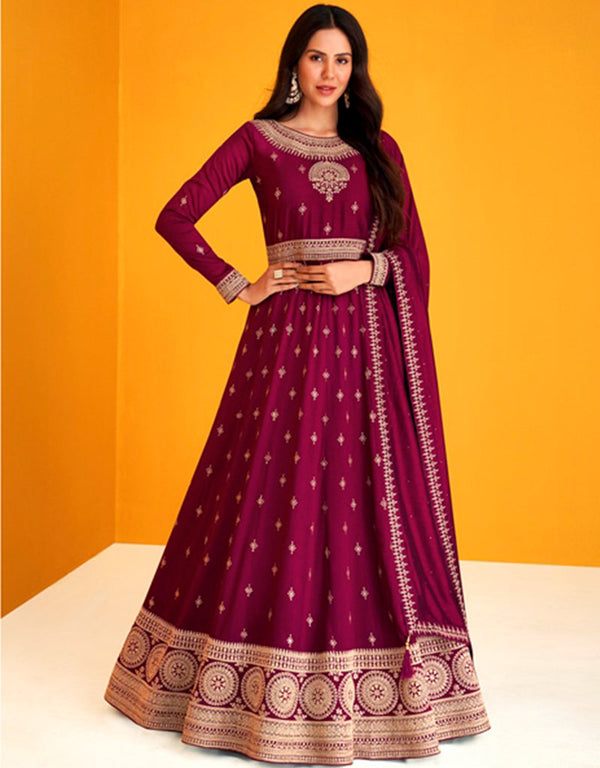 Wine Red Pant style Anarkali Semi-Stitched Designer Salwar Kameez Salwar Kameez in Heavy Sequins Embroidery & Lace Work