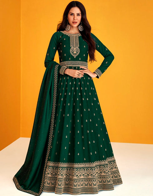Dark Green Pant style Anarkali Semi-Stitched Designer Salwar Kameez Salwar Kameez in Heavy Sequins Embroidery & Lace Work