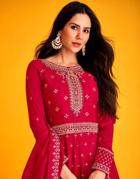 Rose Red Pant style Anarkali Semi-Stitched Designer Salwar Kameez Salwar Kameez in Heavy Sequins Embroidery & Lace Work Closure View