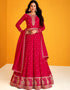 Rose Red Pant style Anarkali Semi-Stitched Designer Salwar Kameez Salwar Kameez in Heavy Sequins Embroidery & Lace Work