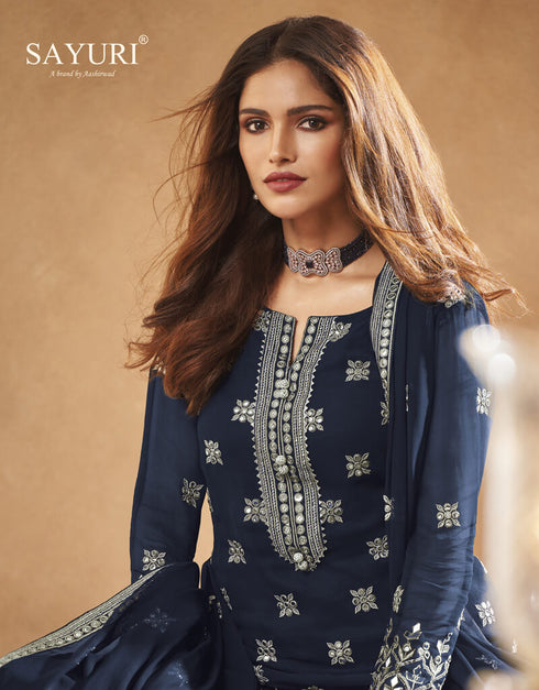 Dark Blue Palazzo style Dress Real Georgette Salwar Kameez in Sequins Embroidery & Lace Work Closure View