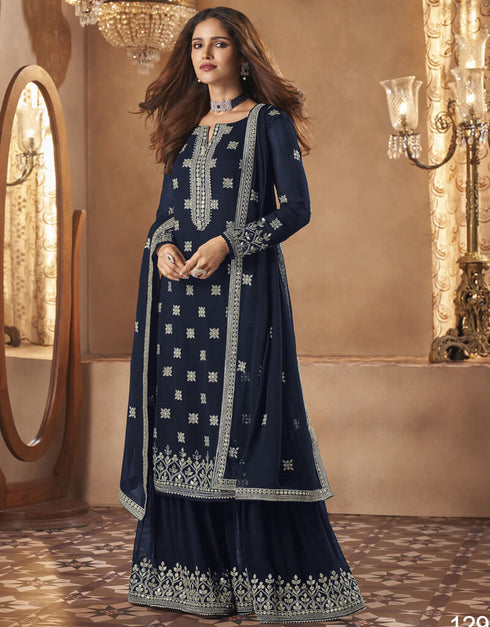 Dark Blue Palazzo style Dress Real Georgette Salwar Kameez in Sequins Embroidery & Lace Work