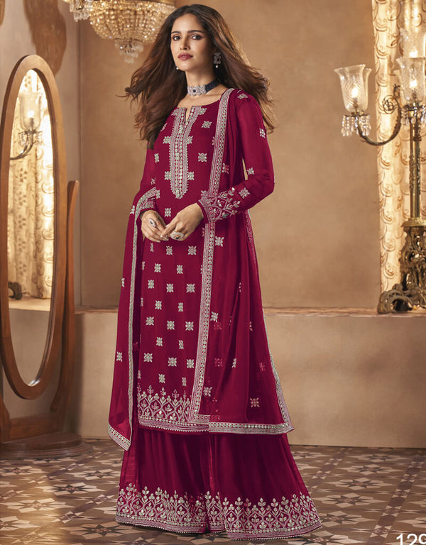 Wine Palazzo style Dress Real Georgette Salwar Kameez in Sequins Embroidery & Lace Work