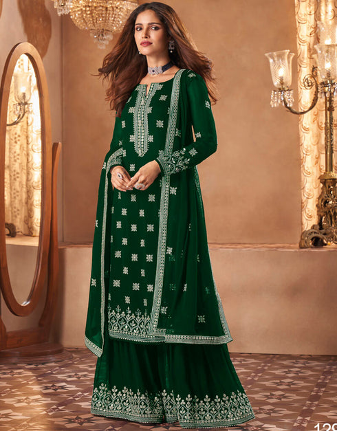 Green Palazzo style Dress Real Georgette Salwar Kameez in Sequins Embroidery & Lace Work