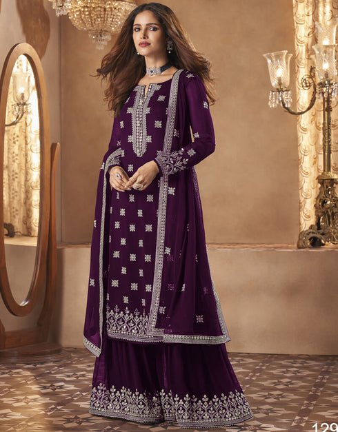 Dark Purple Palazzo style Dress Real Georgette Salwar Kameez in Sequins Embroidery & Lace Work