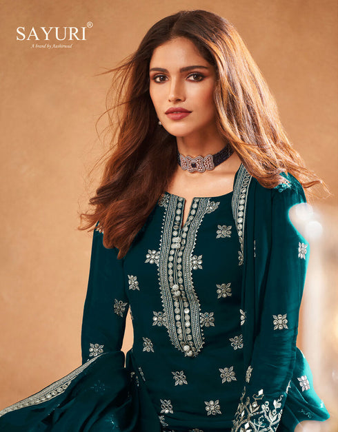 Teal Palazzo style Dress Real Georgette Salwar Kameez in Sequins Embroidery & Lace Work Closure View