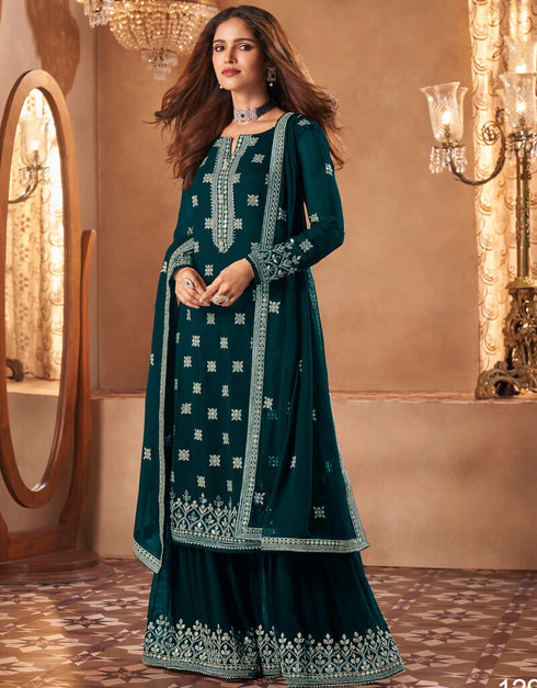 Teal Palazzo style Dress Real Georgette Salwar Kameez in Sequins Embroidery & Lace Work