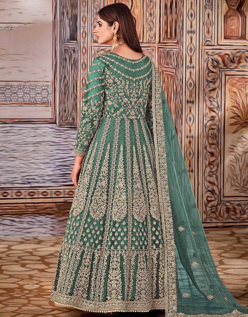 Sea Green Net Anarkali Suit Back View