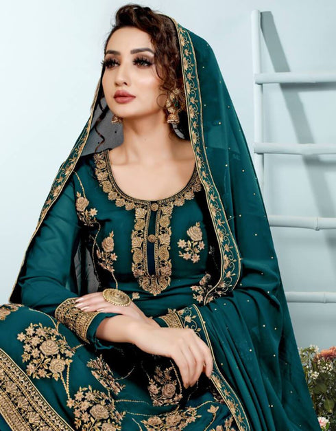 Light Blue Soft Georgette Palazzo Suits Closure View