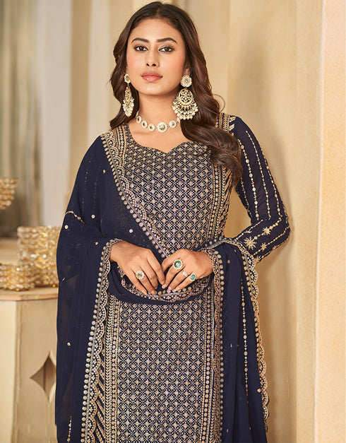 contemporary dark blue faux georgette heavy designer wedding wear salwar suit with dark blue faux georgette df-28-10283 Front View