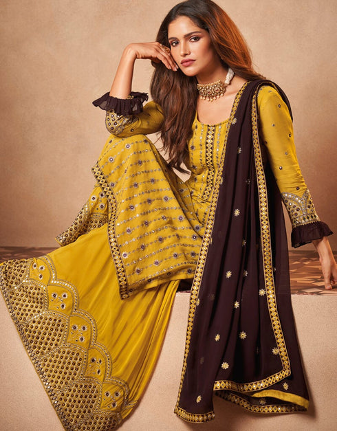 Mustard Yellow Palazzo style Dress Real Georgette Salwar Kameez in Embroidery, Foil Mirror & Lace Work Closure View Embroidery Back side View